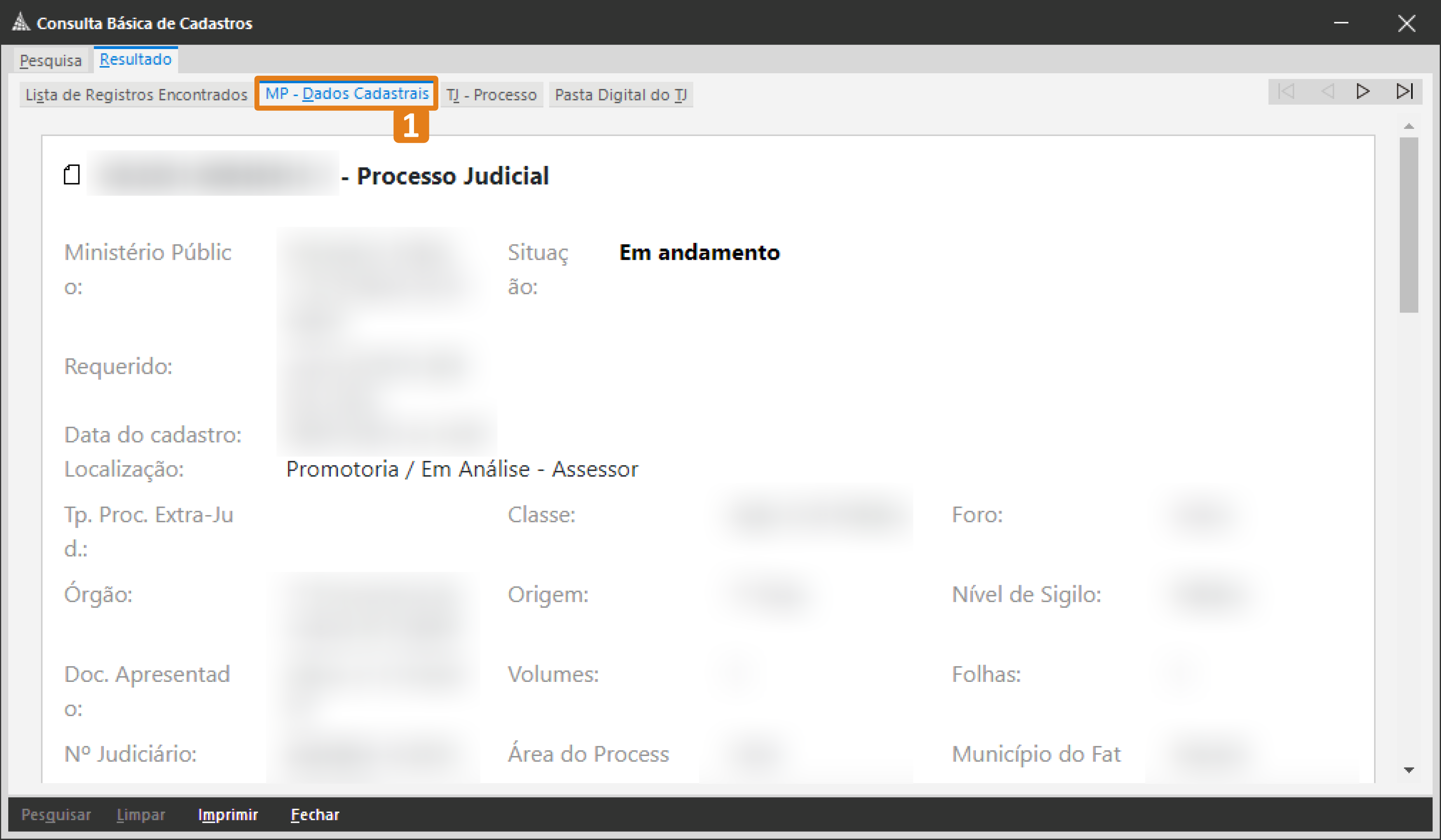 Tela da “Consulta Básica de Cadastros” do SAJ exibindo a aba de resultados. O destaque em laranja indica a aba “MP – Dados Cadastrais” selecionada.
