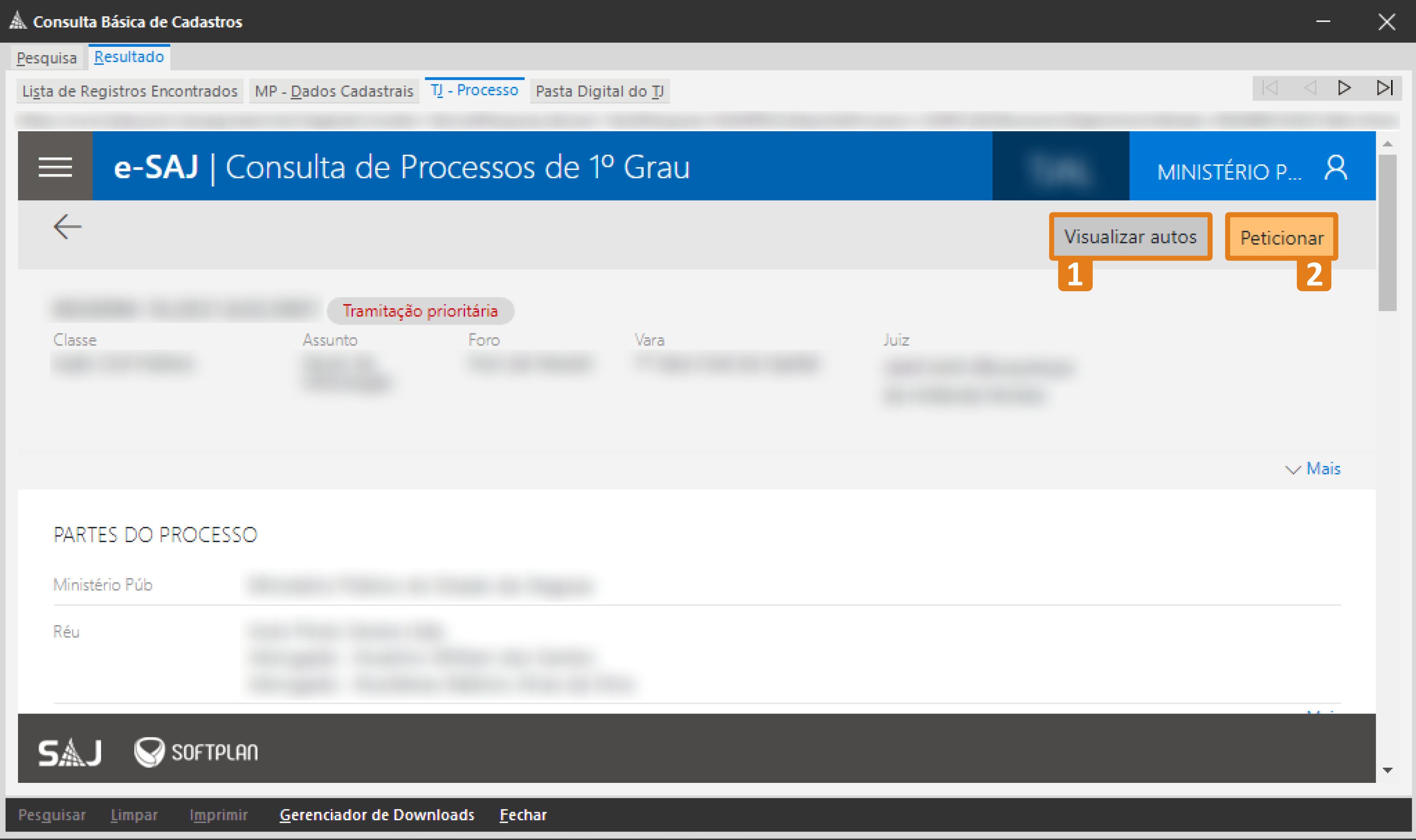Tela da Consulta de Processos de 1º Grau no SAJ. Os destaques em laranja indicam os botões “Visualizar autos” (1) e “Peticionar” (2) na área superior direita da interface.