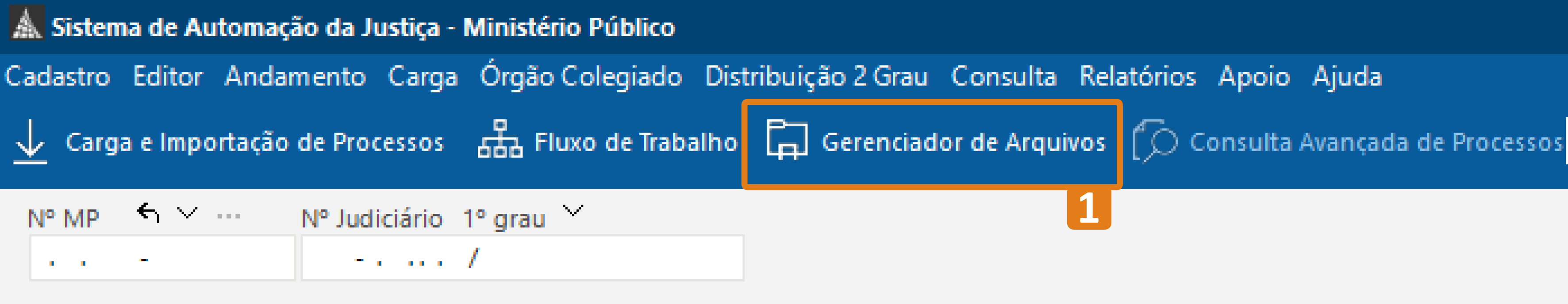Barra superior do SAJ exibindo os menus principais. O destaque em laranja indica o botão “Gerenciador de Arquivos”.