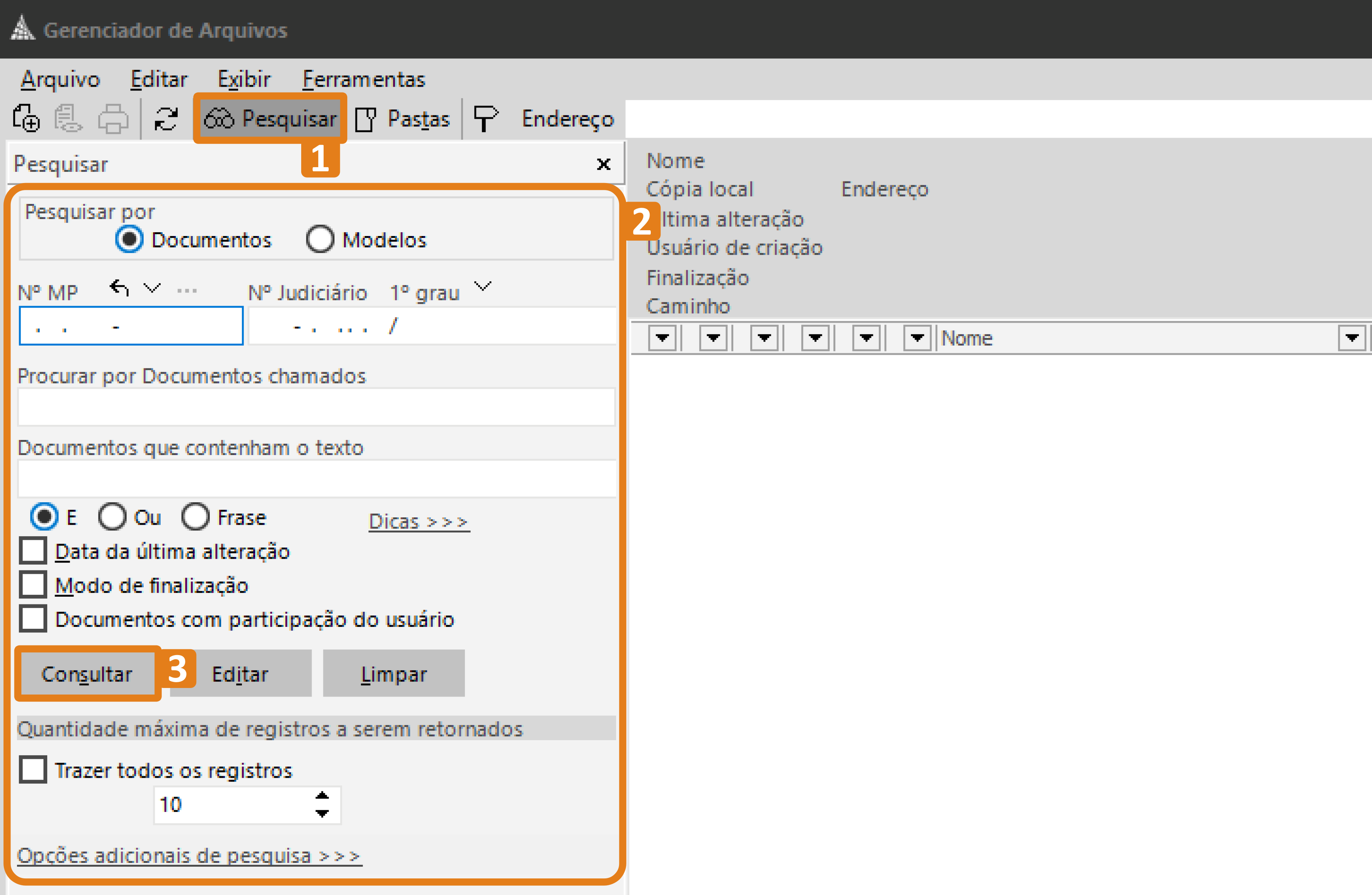 Tela do Gerenciador de Arquivos do SAJ. Os destaques em laranja indicam: (1) o botão “Pesquisar” no menu superior, (2) o painel lateral de filtros de pesquisa e (3) o botão “Consultar” dentro desse painel.