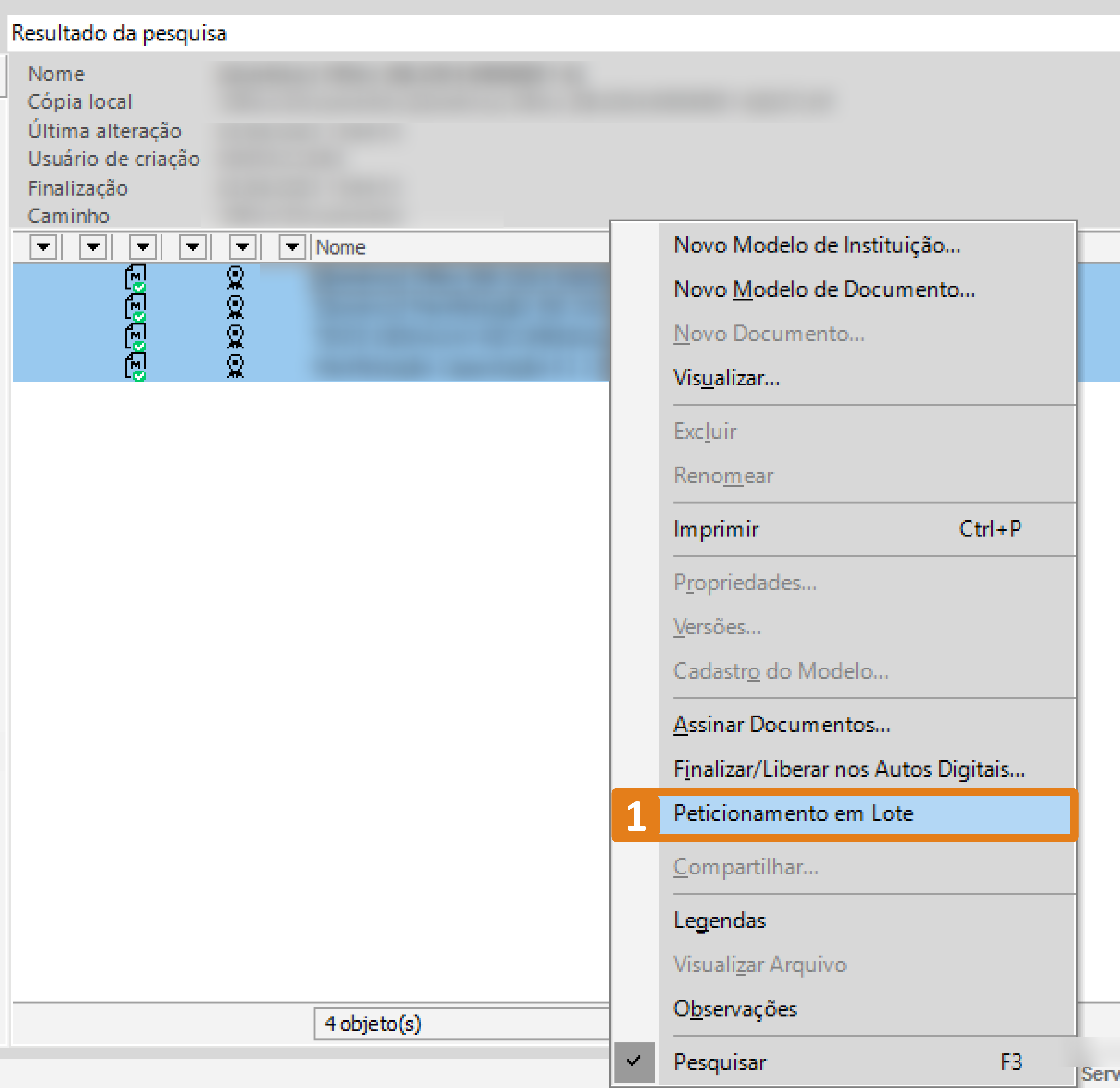 Tela de resultados do Gerenciador de Arquivos do SAJ com documentos selecionados. O destaque em laranja indica a opção “Peticionamento em Lote” no menu de contexto.