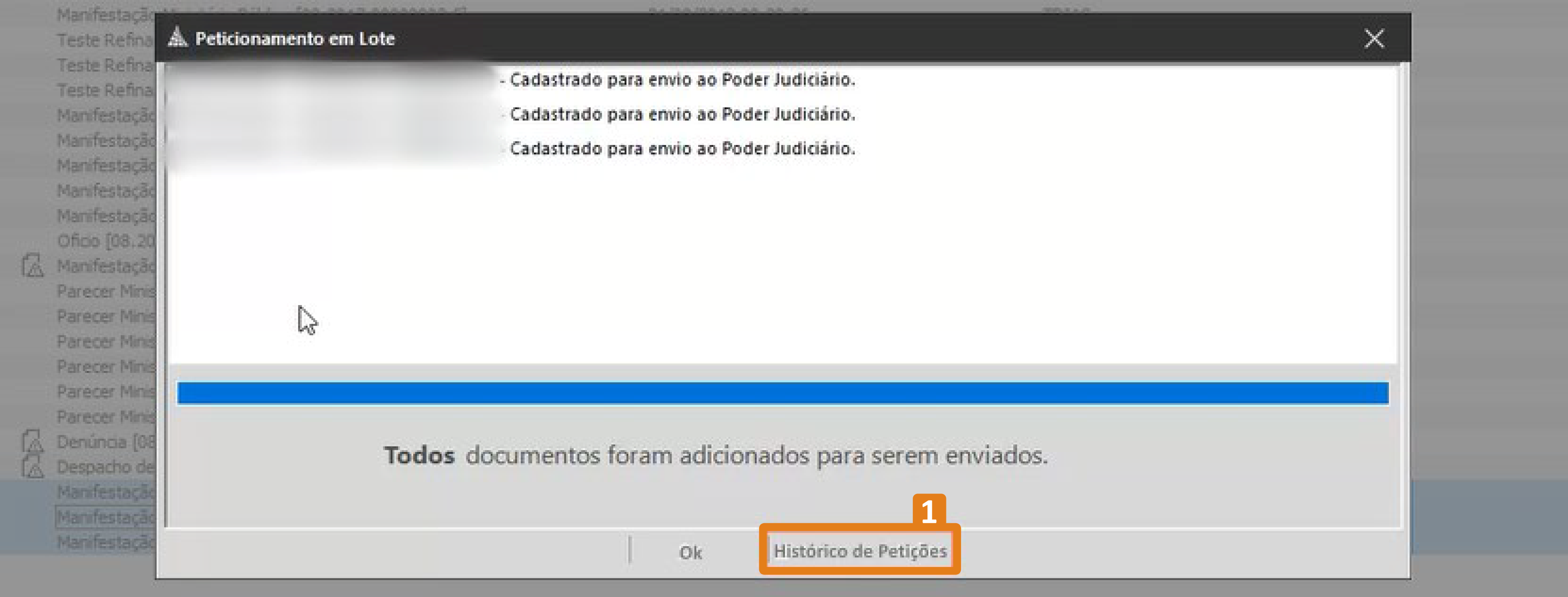 Janela de Peticionamento em Lote no SAJ exibindo mensagem de confirmação de envio dos documentos. O destaque em laranja indica o botão “Histórico de Petições”.