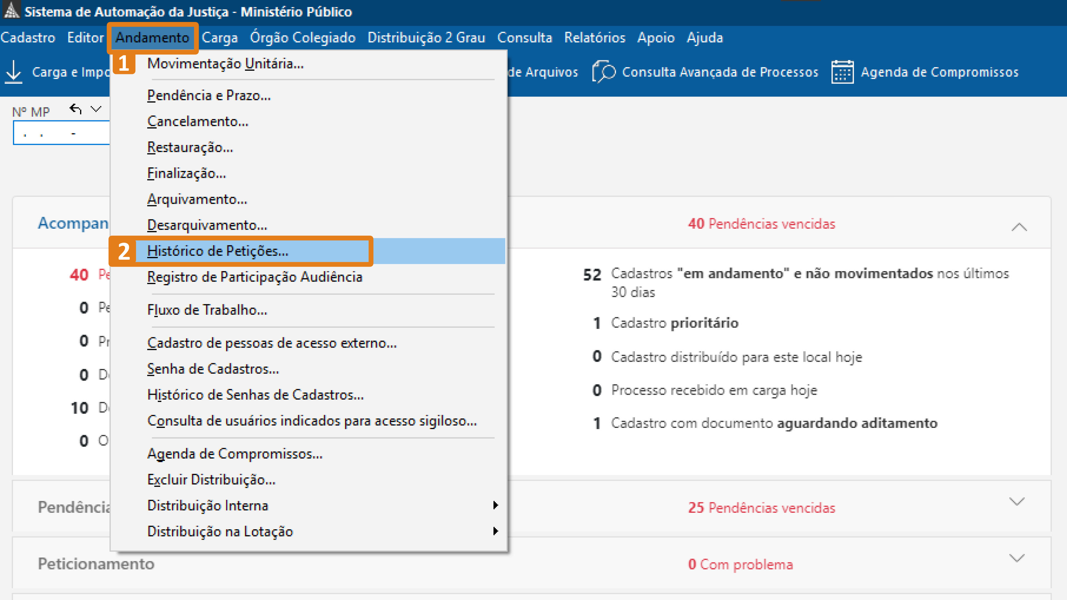 Tela do SAJ com o menu “Andamento” aberto. O destaque em laranja indica (1) o menu “Andamento” selecionado e (2) a opção “Histórico de Petições…” dentro desse menu.