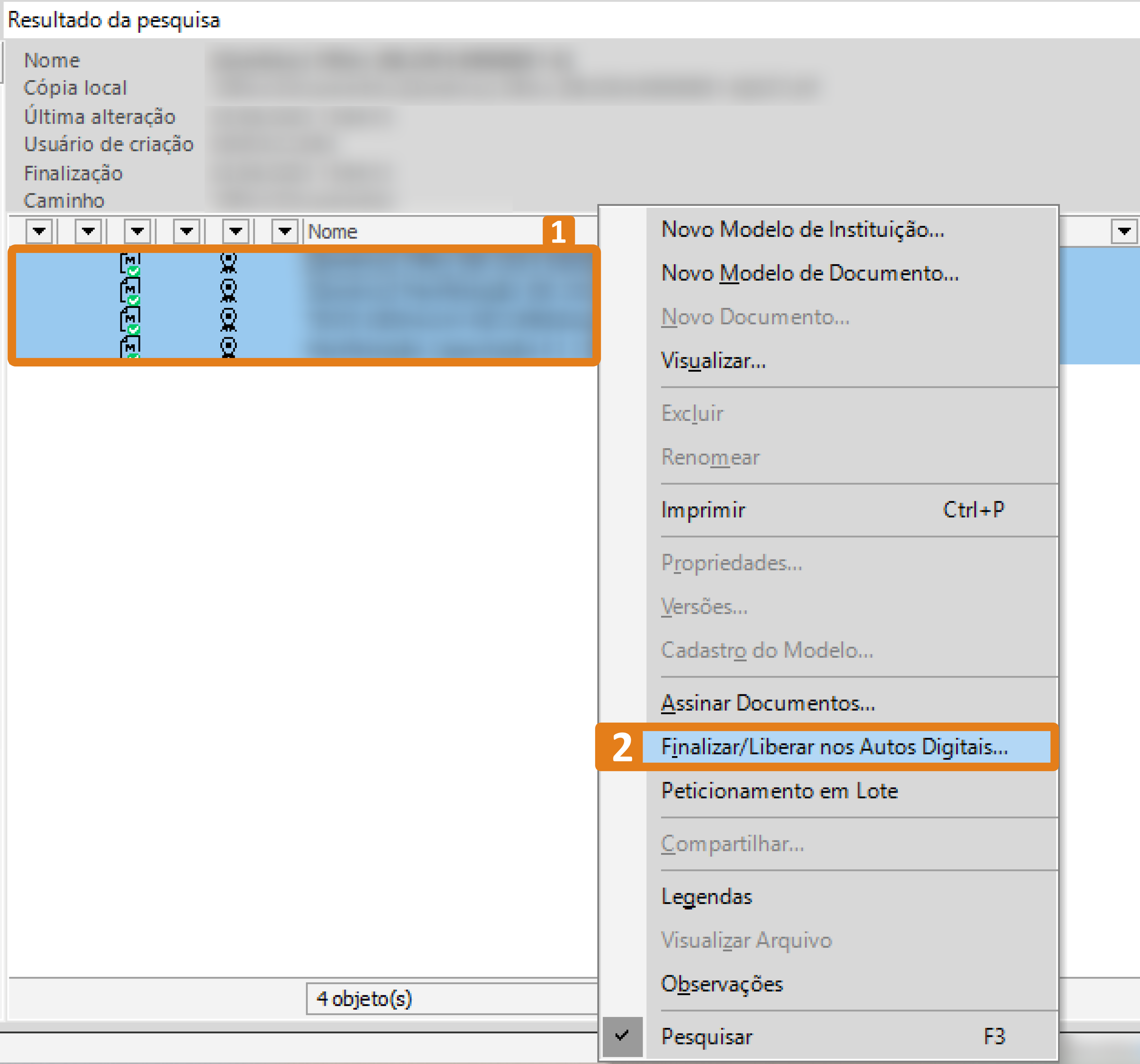 Tela de resultados do Gerenciador de Arquivos do SAJ. O destaque em laranja indica (1) documentos selecionados na lista e (2) a opção “Finalizar/Liberar nos Autos Digitais…” no menu de contexto.